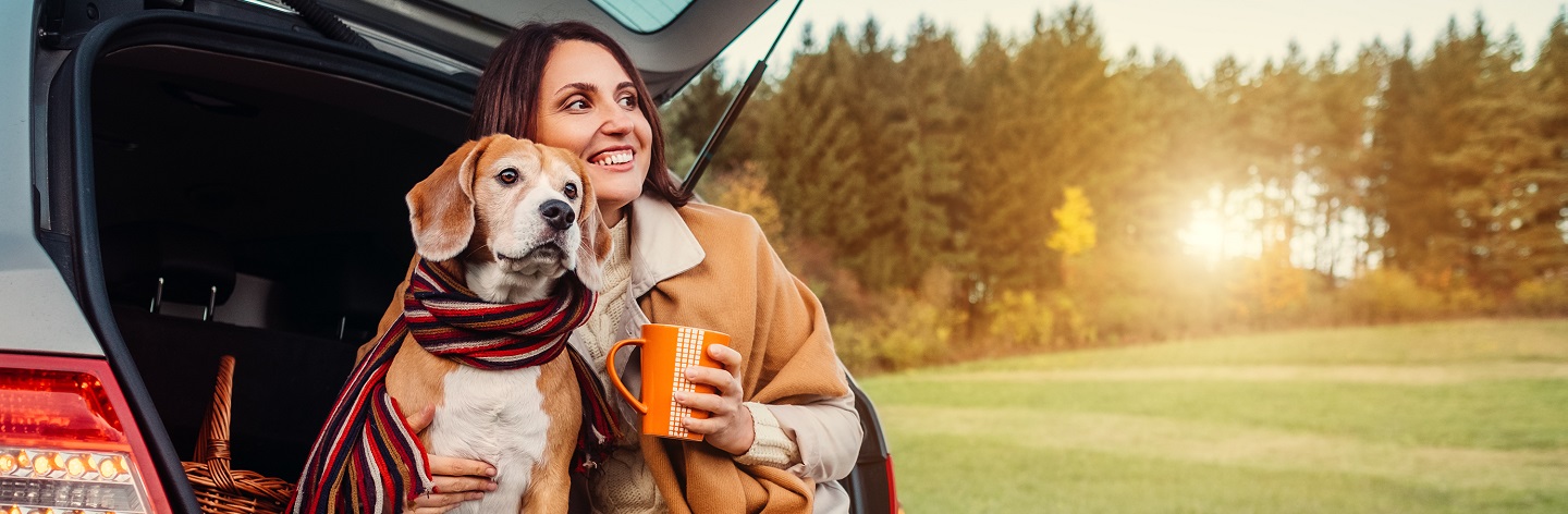 Woman And Dog With Shawls Sits Together In Car Trunk On Autumn Road