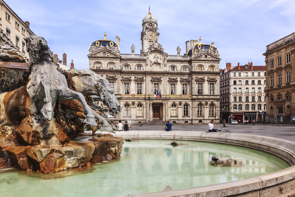 The Terreaux Square With Fountain In Lyon City